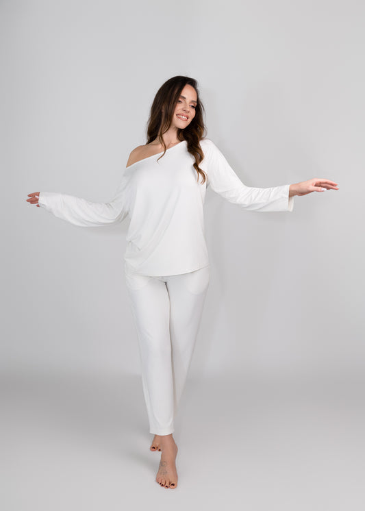 Bamboo boat neck pyjama top cannoli cream front model standing view