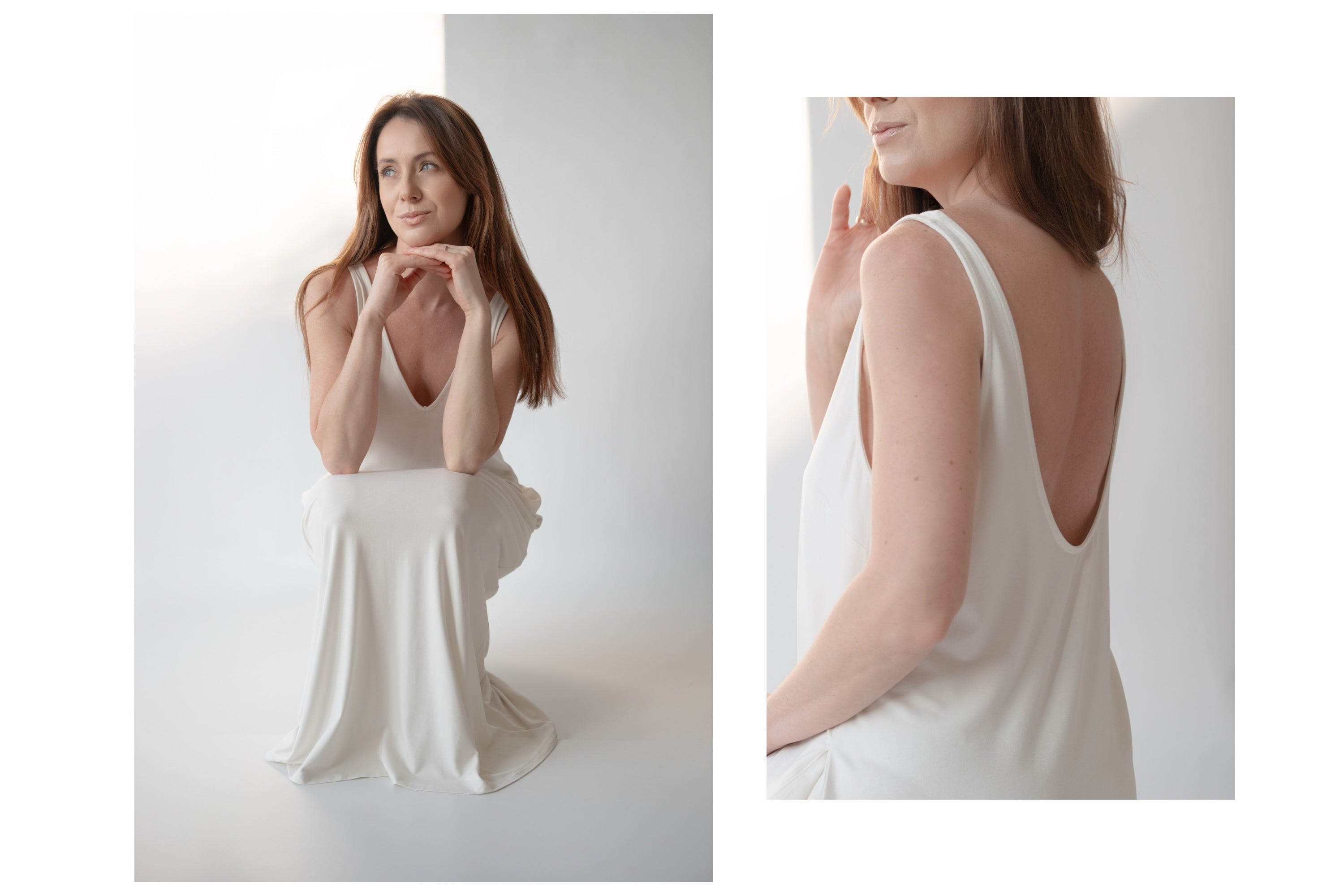 Model wearing luxury bamboo deep v neck maxi dress