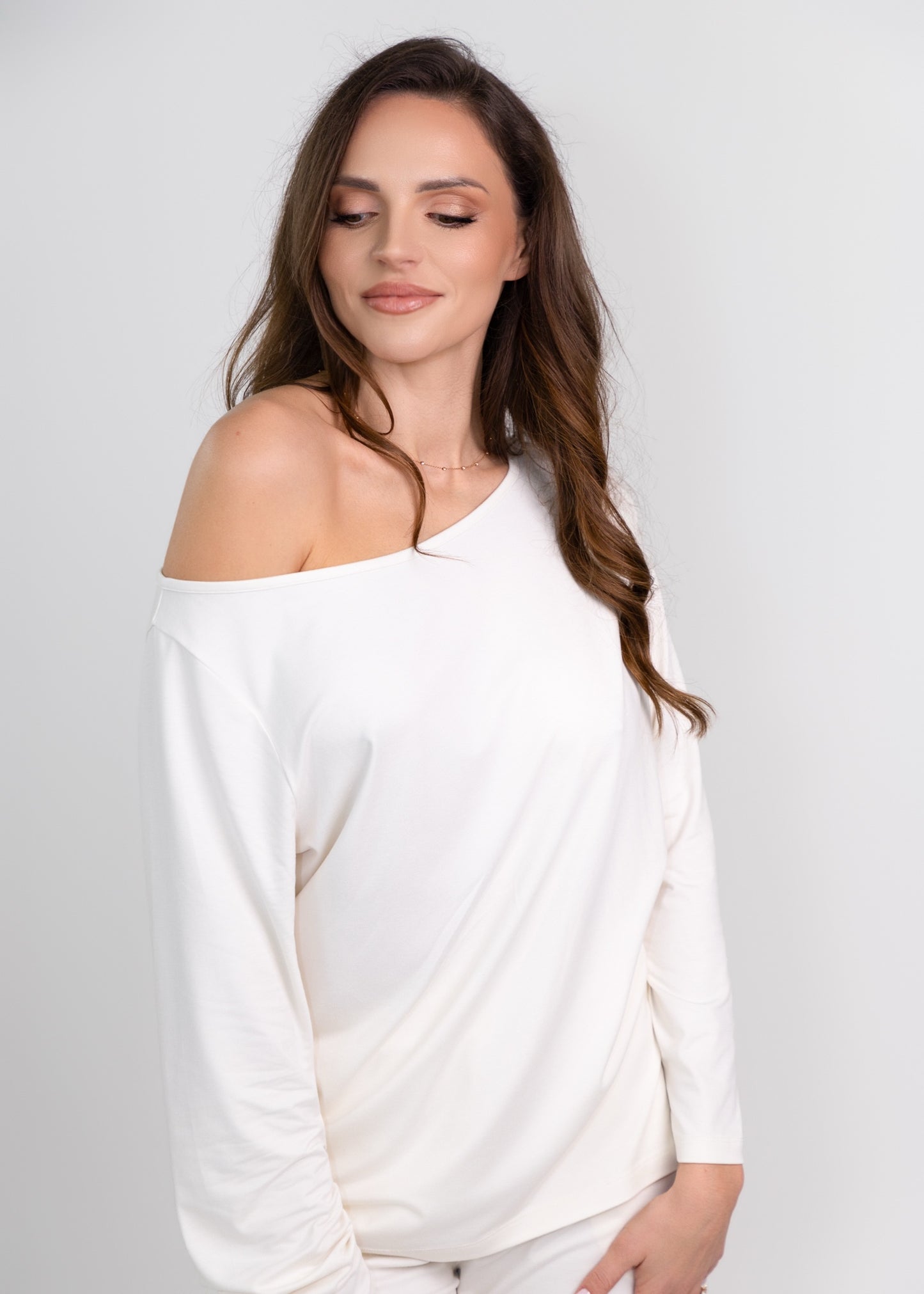 Bamboo boat neck pyjama top cannoli cream front view 