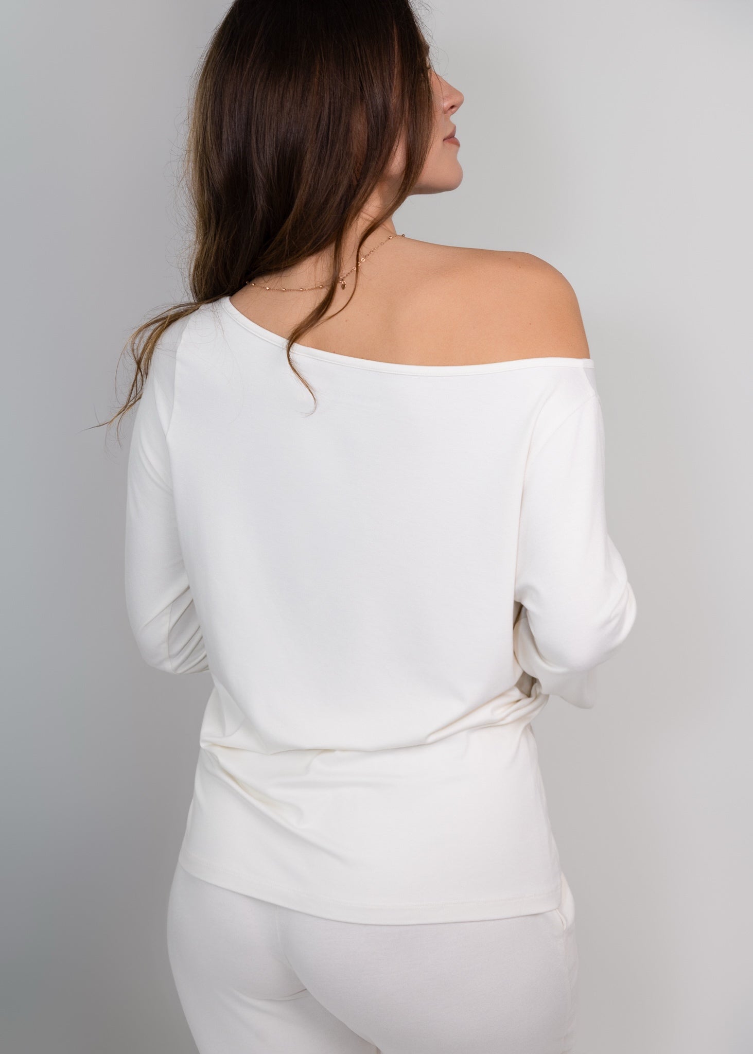 Bamboo boat neck pyjama top cannoli cream  back view