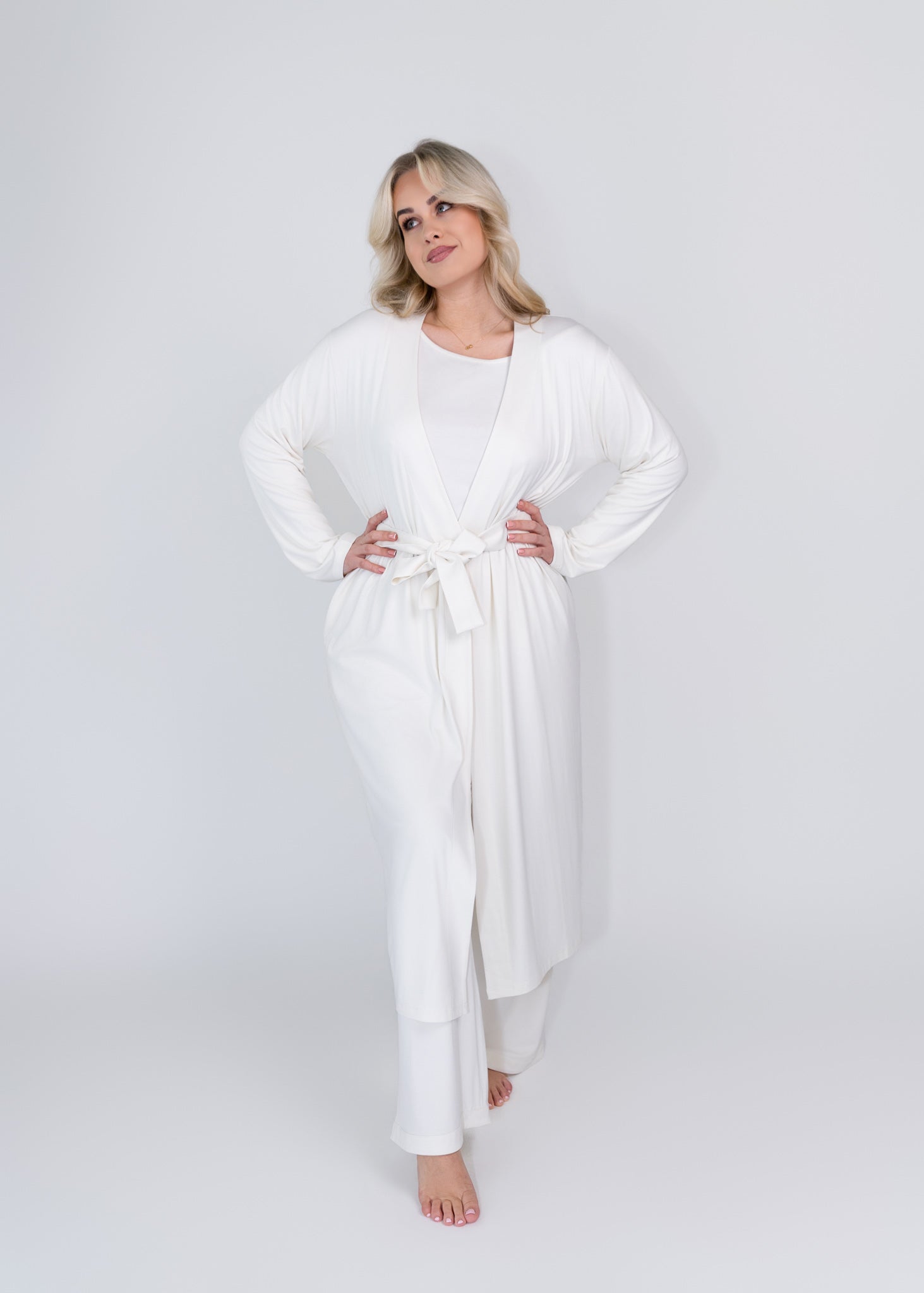 bamboo fabric cannoli cream tied waist detail robe