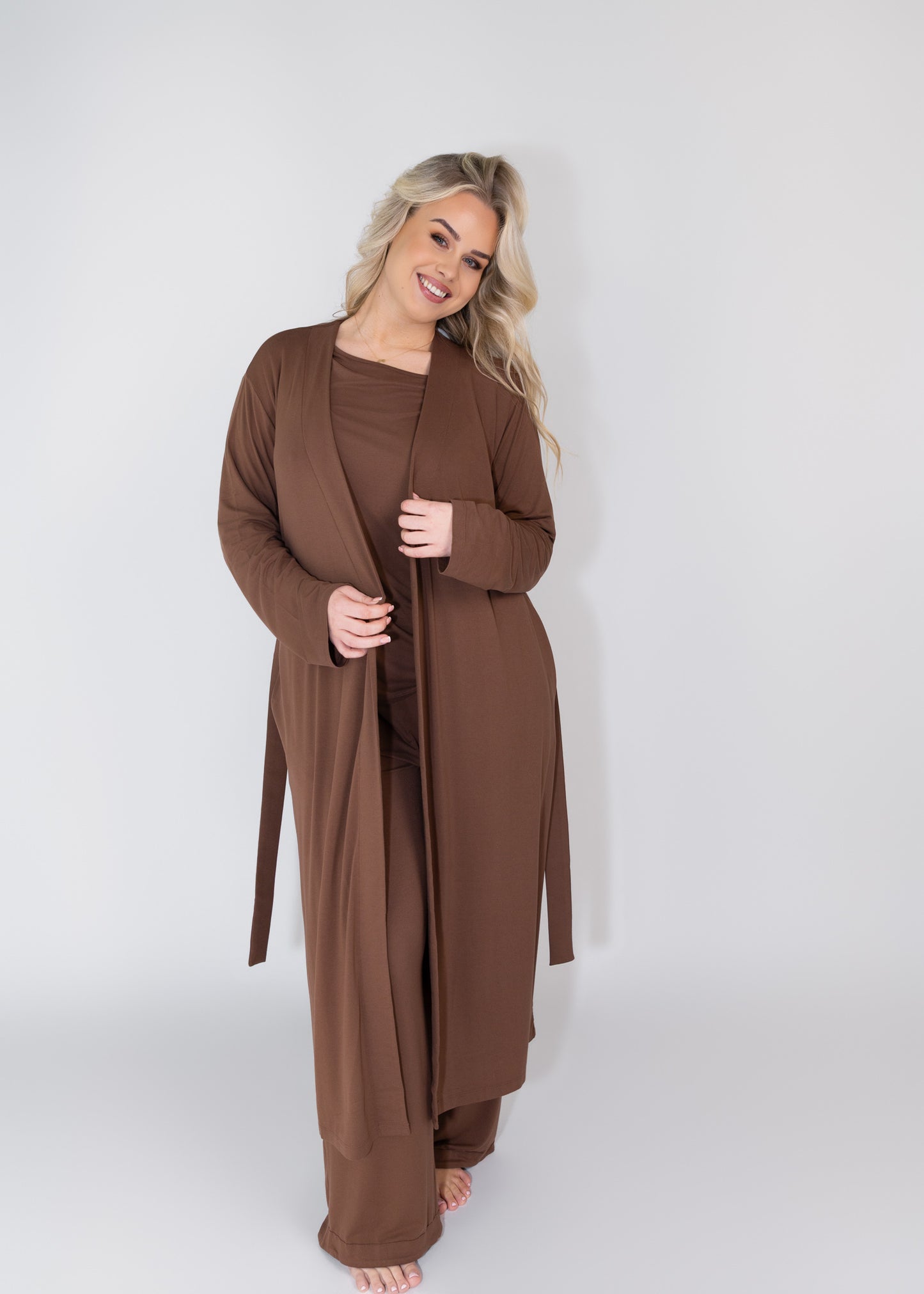 luxury bamboo robe in cocoa brown model wearing 