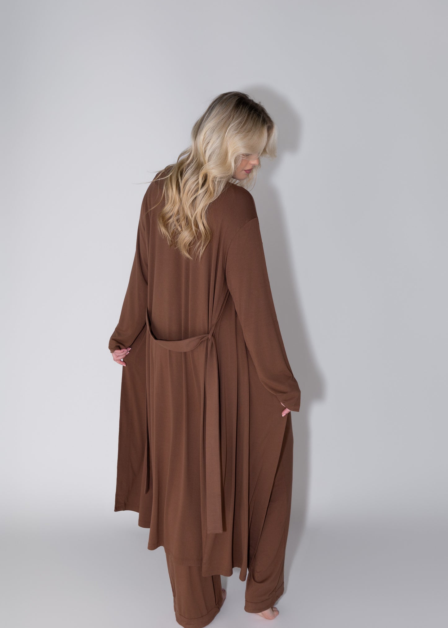 bamboo robe in cocoa brown model wearing loungewear