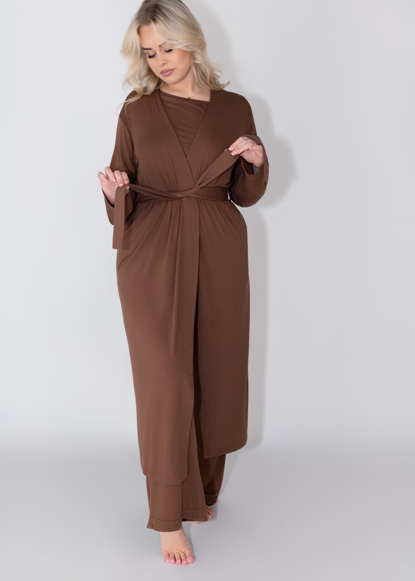 model wearing luxury bamboo robe detail with pockets 