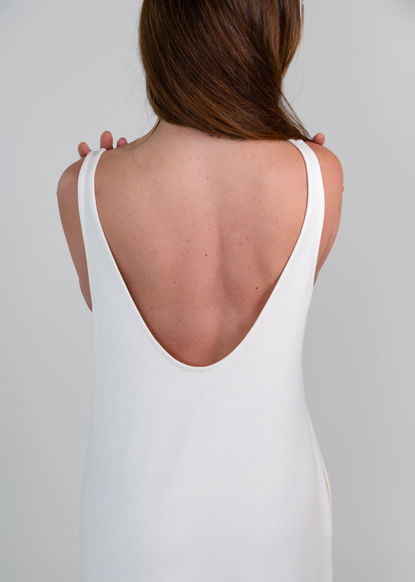 bamboo fabric low back cream dress loungewear 