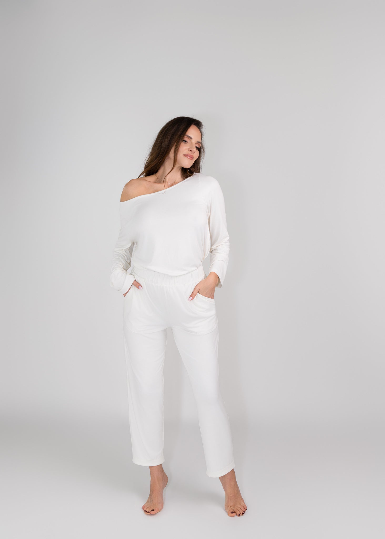 luxury bamboo pyjama top off shoulder detail 