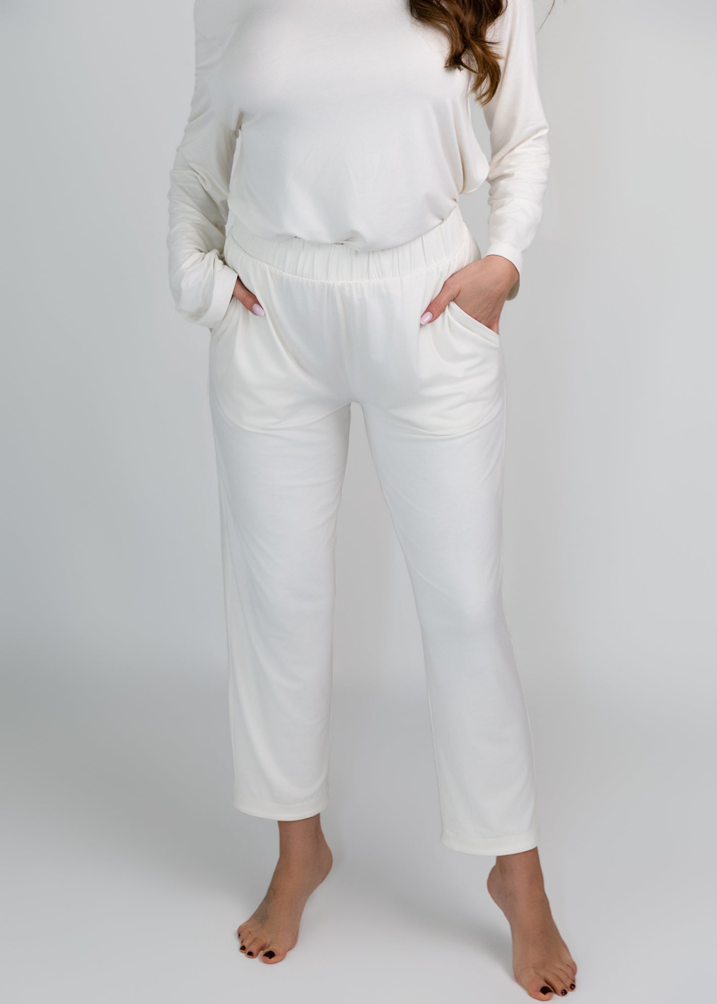 front facing model in luxury bamboo pyjama set