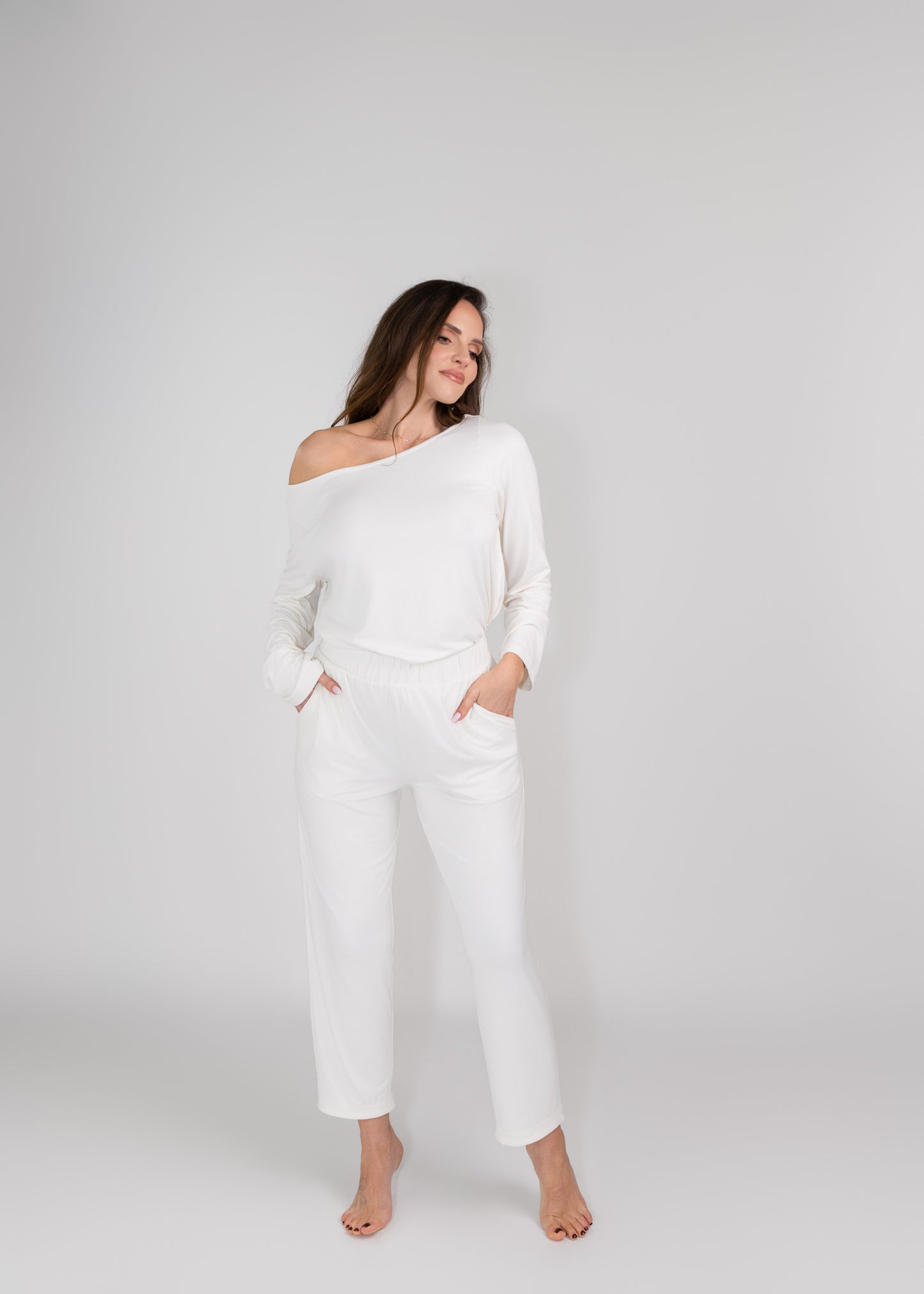 luxury bamboo fabric pyjamas model standng front