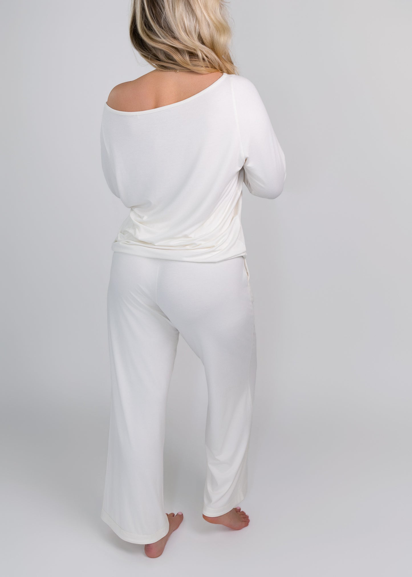 luxury bamboo wide leg trousers in cannoli cream back view
