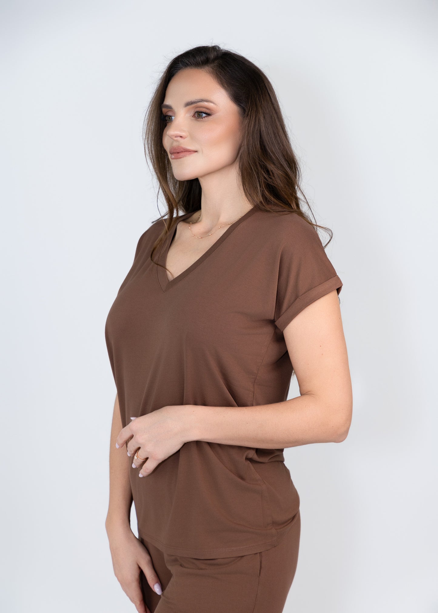 Luxury women bamboo pyjama V neck top in cocoa brown 