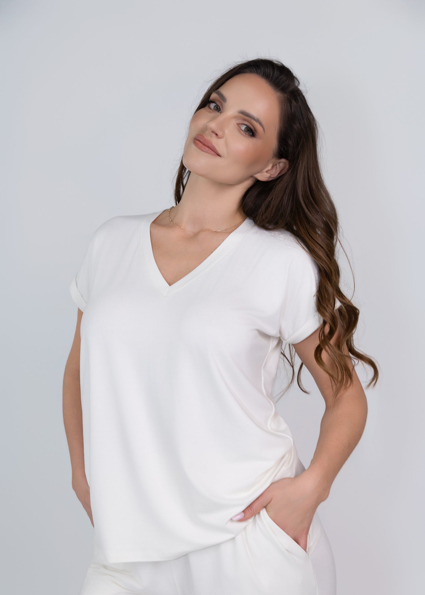 Luxury women bamboo pyjama V neck top
