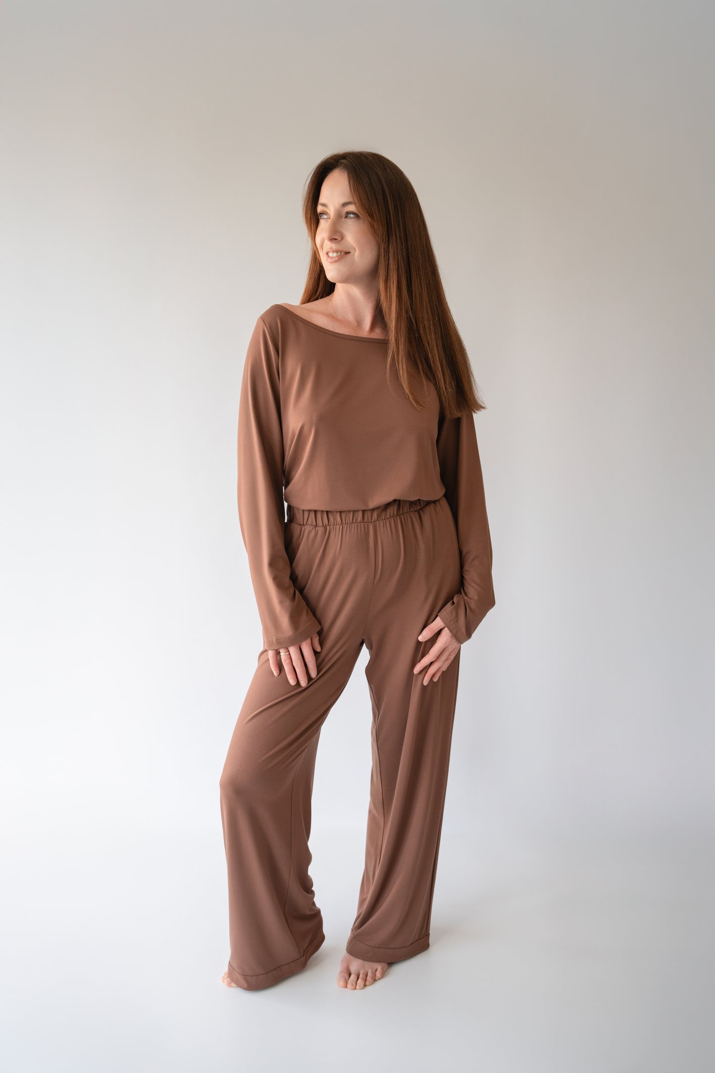 ultra soft bamboo boat neck top  in cocoa brown from view